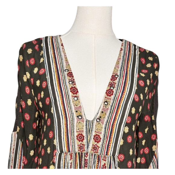 Free People Olive Green White Deep V Neck Lace Up Tunic Mini Dress Small - Picture 3 of 12